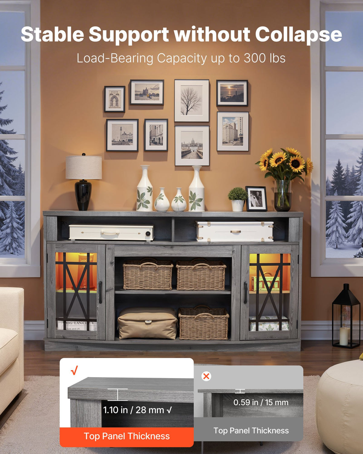 VEVOR TV Stand for TVs up to 65 inch, Farmhouse Entertainment Center with Light Strip, Wooden TV Cabinet Storage with Glass Doors and Adjustable Shelves, Console Table for Living Room, Bedroom, Gray - BLDSJ59INCHB9YBN4001V9 - view 6