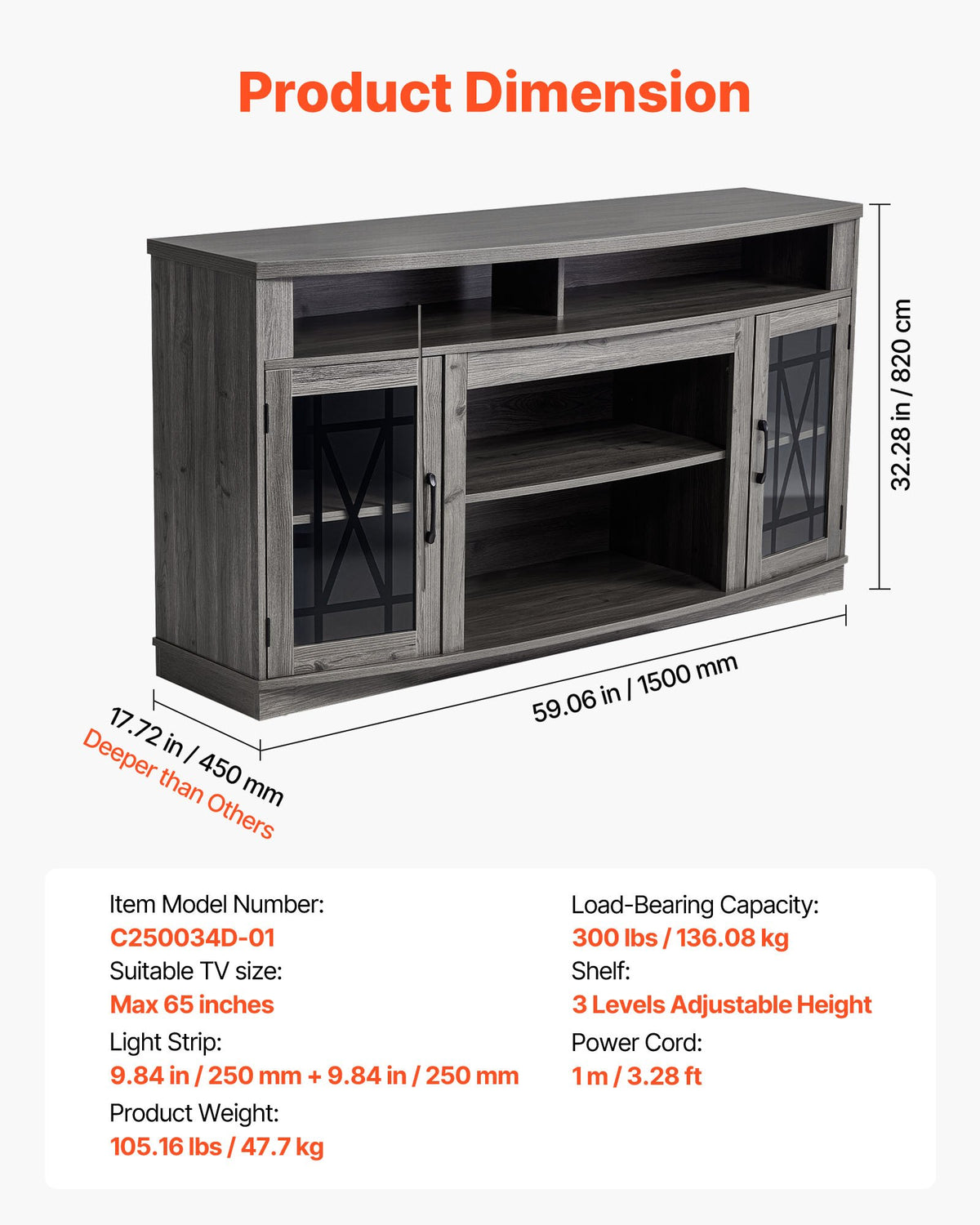VEVOR TV Stand for TVs up to 65 inch, Farmhouse Entertainment Center with Light Strip, Wooden TV Cabinet Storage with Glass Doors and Adjustable Shelves, Console Table for Living Room, Bedroom, Gray - BLDSJ59INCHB9YBN4001V9 - view 8