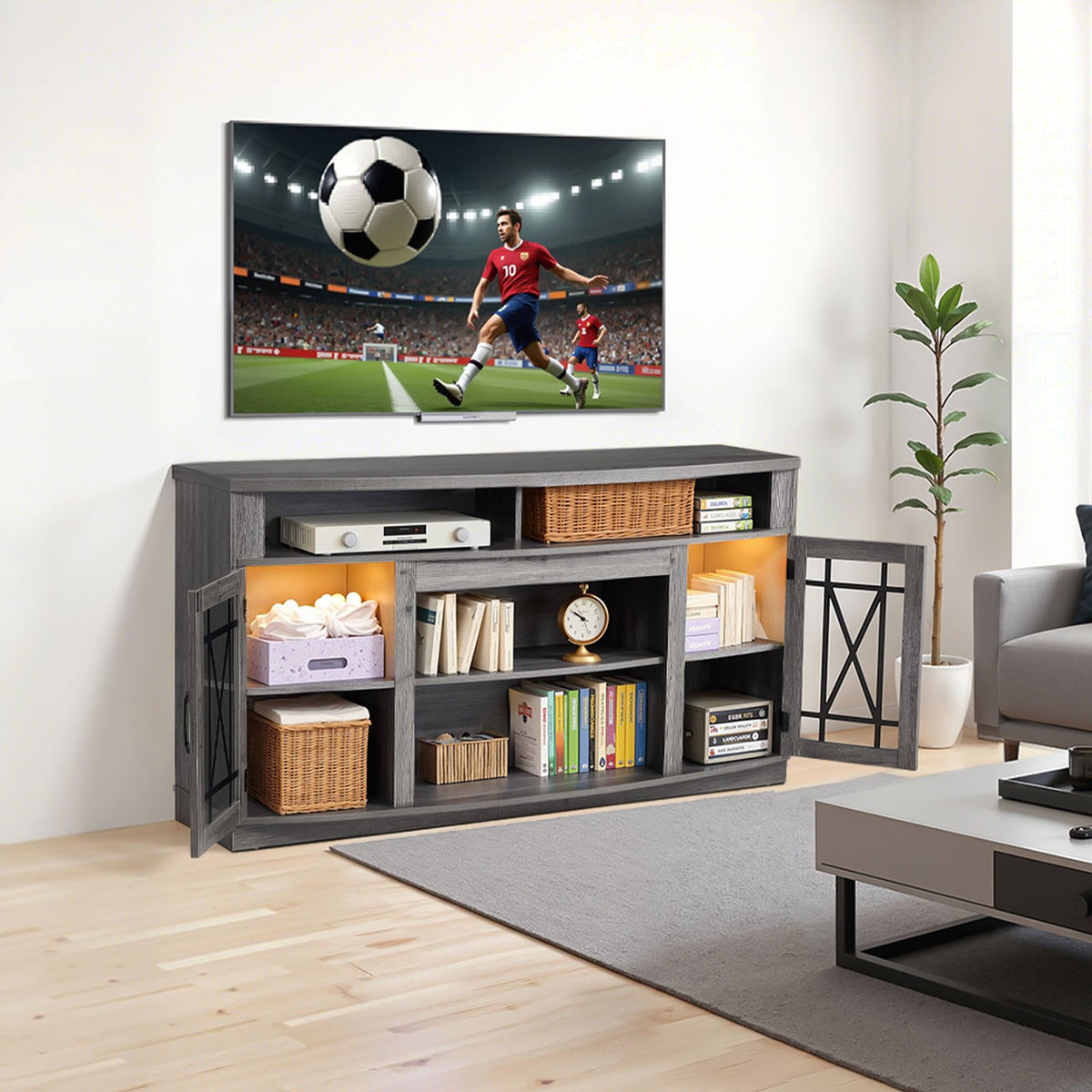 VEVOR TV Stand for TVs up to 65 inch, Farmhouse Entertainment Center with Light Strip, Wooden TV Cabinet Storage with Glass Doors and Adjustable Shelves, Console Table for Living Room, Bedroom, Gray - BLDSJ59INCHB9YBN4001V9 - view 9