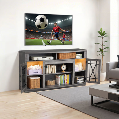 VEVOR TV Stand for TVs up to 65 inch, Farmhouse Entertainment Center with Light Strip, Wooden TV Cabinet Storage with Glass Doors and Adjustable Shelves, Console Table for Living Room, Bedroom, Gray - BLDSJ59INCHB9YBN4001V9 - view 9