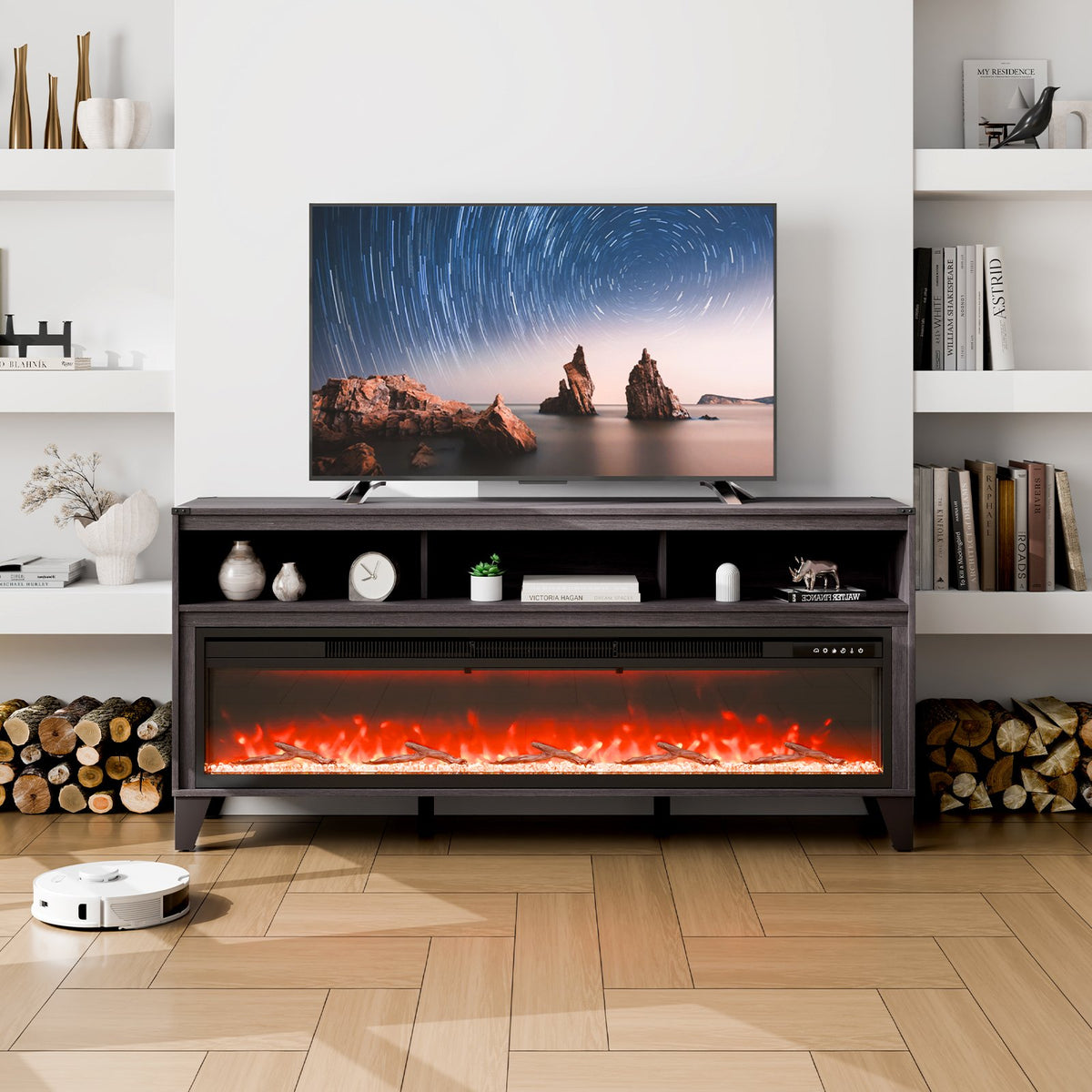 VEVOR 80" Fireplace TV Stand, Media Storage Corner with 60" Fireplace, Storage Drawers & Cabinets, Industrial Style TV Console Table with 20 Flames, Remote Control & Timer for Living Room, Black - BLDSJ66CDSJ6O865RV1 - view 1