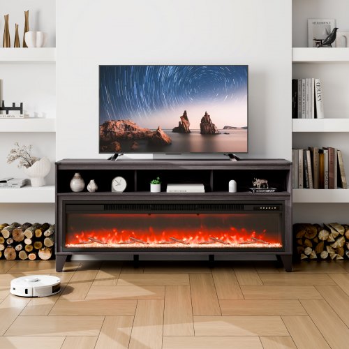 VEVOR 80" Fireplace TV Stand, Media Storage Corner with 60" Fireplace, Storage Drawers & Cabinets, Industrial Style TV Console Table with 20 Flames, Remote Control & Timer for Living Room, Black - BLDSJ66CDSJ6O865RV1 - view 2