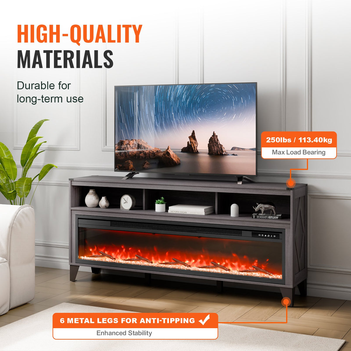 VEVOR 80" Fireplace TV Stand, Media Storage Corner with 60" Fireplace, Storage Drawers & Cabinets, Industrial Style TV Console Table with 20 Flames, Remote Control & Timer for Living Room, Black - BLDSJ66CDSJ6O865RV1 - view 4