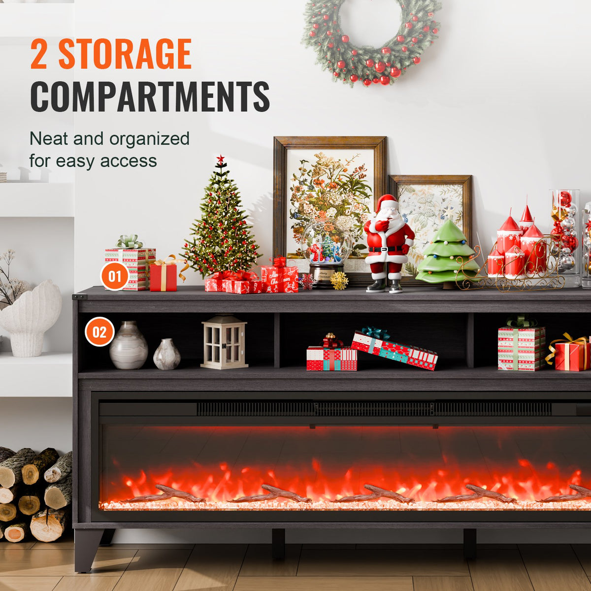 VEVOR 80" Fireplace TV Stand, Media Storage Corner with 60" Fireplace, Storage Drawers & Cabinets, Industrial Style TV Console Table with 20 Flames, Remote Control & Timer for Living Room, Black - BLDSJ66CDSJ6O865RV1 - view 5