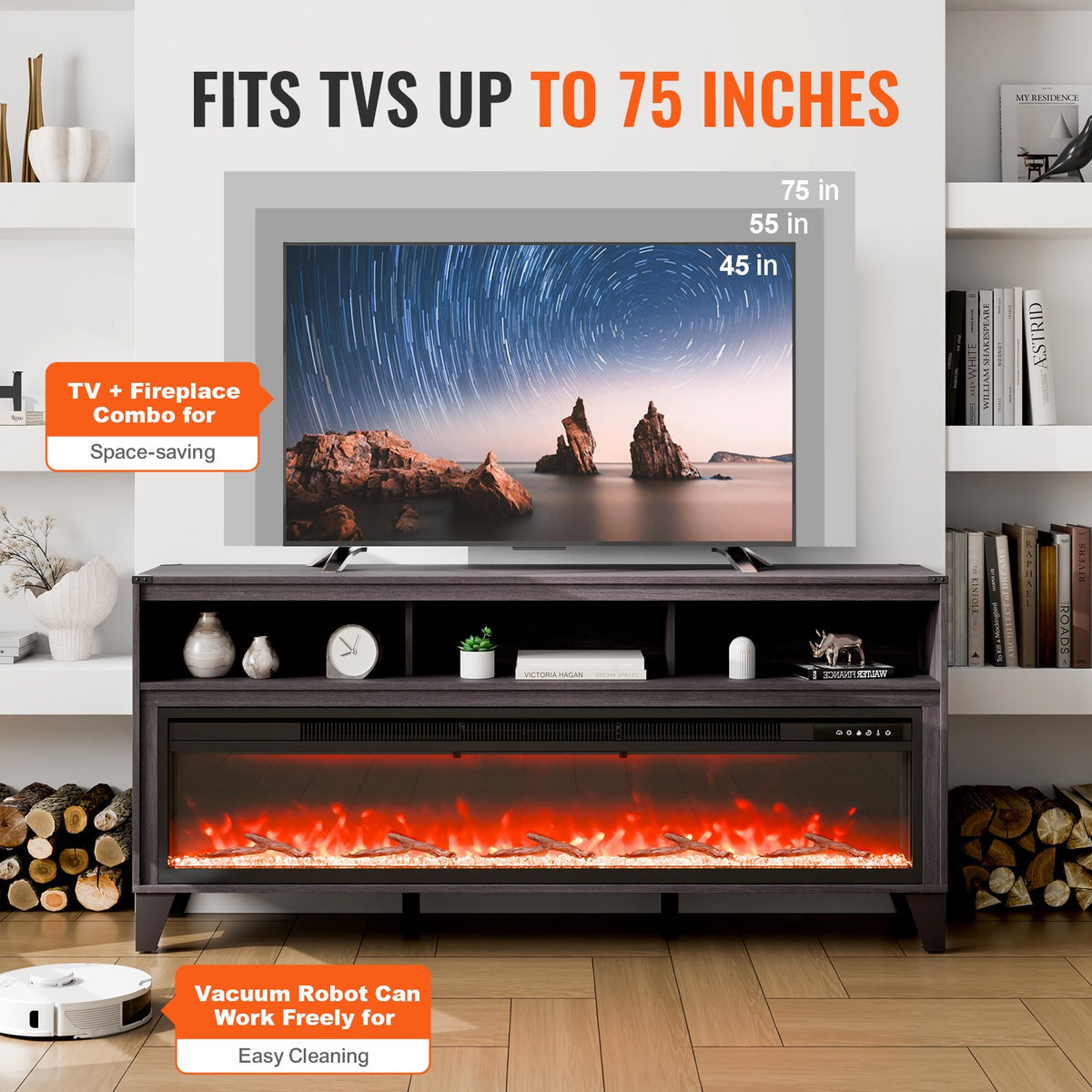 VEVOR 80" Fireplace TV Stand, Media Storage Corner with 60" Fireplace, Storage Drawers & Cabinets, Industrial Style TV Console Table with 20 Flames, Remote Control & Timer for Living Room, Black - BLDSJ66CDSJ6O865RV1 - view 7