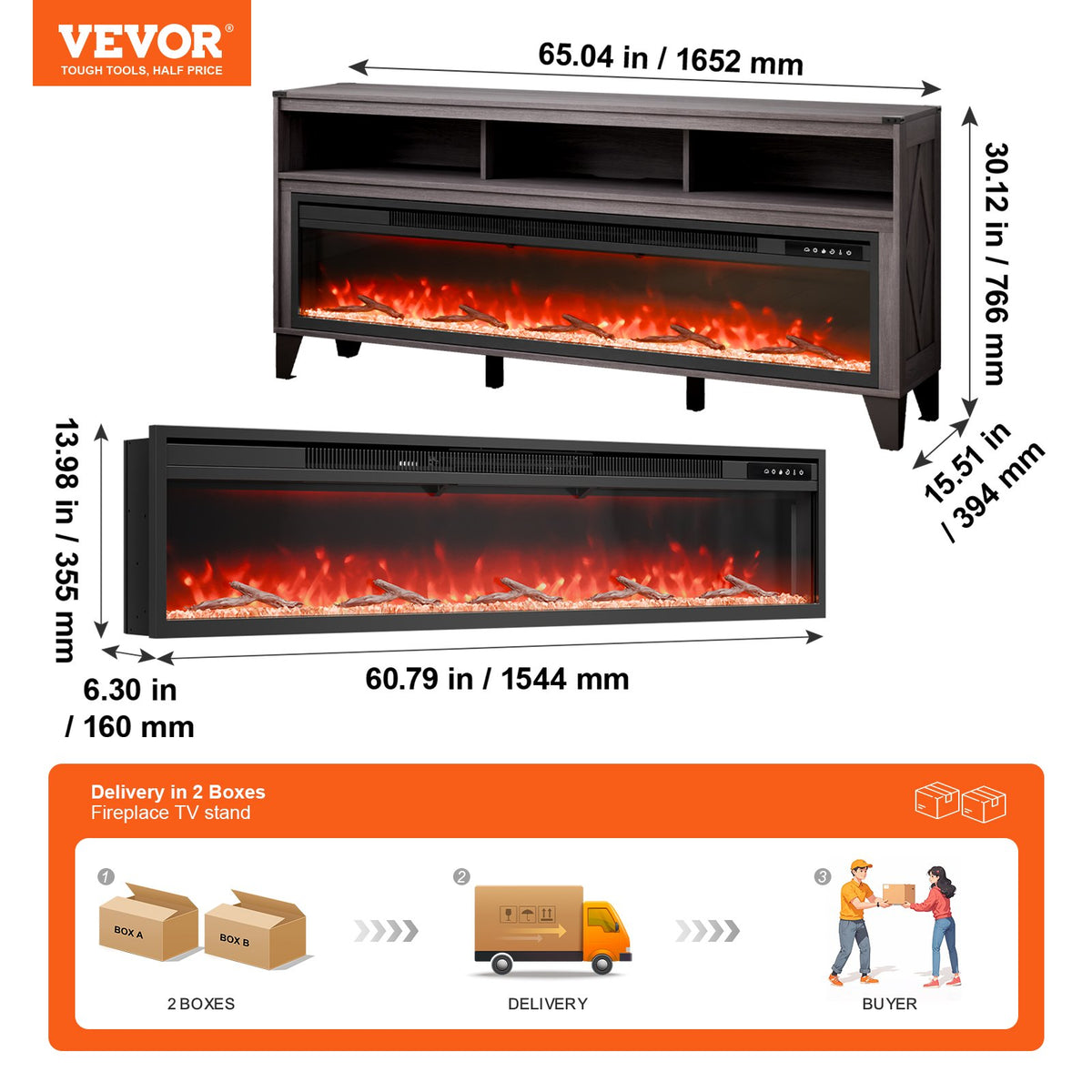 VEVOR 80" Fireplace TV Stand, Media Storage Corner with 60" Fireplace, Storage Drawers & Cabinets, Industrial Style TV Console Table with 20 Flames, Remote Control & Timer for Living Room, Black - BLDSJ66CDSJ6O865RV1 - view 8