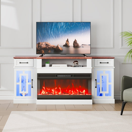 VEVOR 80" Fireplace TV Stand, Media Storage Corner with 36" Fireplace, Storage Drawers & Cabinets, Vintage TV Console Table with 20 LED Lights, Remote Control & Timer for Living Room, Brown & White - BLDSJ70CDSJ3CKP4PV1 - view 1