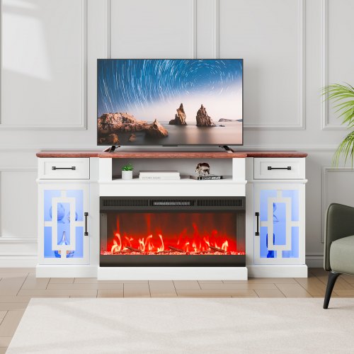 VEVOR 80" Fireplace TV Stand, Media Storage Corner with 36" Fireplace, Storage Drawers & Cabinets, Vintage TV Console Table with 20 LED Lights, Remote Control & Timer for Living Room, Brown & White - BLDSJ70CDSJ3CKP4PV1 - view 2