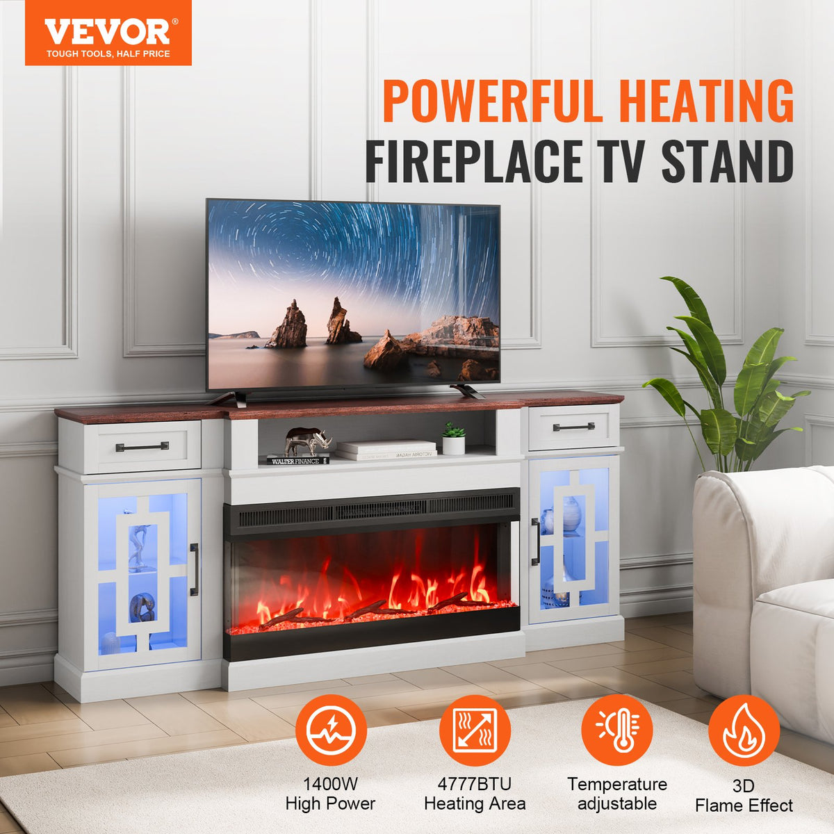 VEVOR 80" Fireplace TV Stand, Media Storage Corner with 36" Fireplace, Storage Drawers & Cabinets, Vintage TV Console Table with 20 LED Lights, Remote Control & Timer for Living Room, Brown & White - BLDSJ70CDSJ3CKP4PV1 - view 3