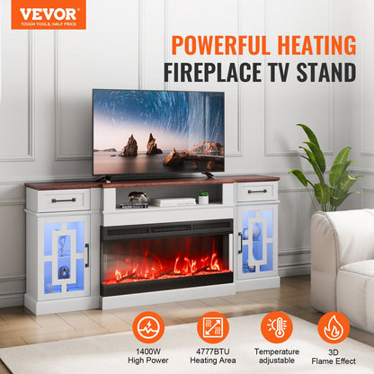 VEVOR 80" Fireplace TV Stand, Media Storage Corner with 36" Fireplace, Storage Drawers & Cabinets, Vintage TV Console Table with 20 LED Lights, Remote Control & Timer for Living Room, Brown & White - BLDSJ70CDSJ3CKP4PV1 - view 3