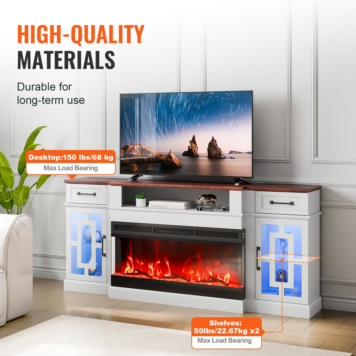 VEVOR 80" Fireplace TV Stand, Media Storage Corner with 36" Fireplace, Storage Drawers & Cabinets, Vintage TV Console Table with 20 LED Lights, Remote Control & Timer for Living Room, Brown & White - BLDSJ70CDSJ3CKP4PV1 - view 4