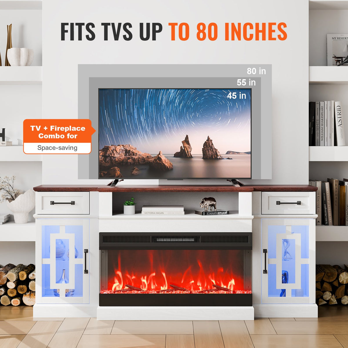 VEVOR 80" Fireplace TV Stand, Media Storage Corner with 36" Fireplace, Storage Drawers & Cabinets, Vintage TV Console Table with 20 LED Lights, Remote Control & Timer for Living Room, Brown & White - BLDSJ70CDSJ3CKP4PV1 - view 7