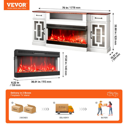 VEVOR 80" Fireplace TV Stand, Media Storage Corner with 36" Fireplace, Storage Drawers & Cabinets, Vintage TV Console Table with 20 LED Lights, Remote Control & Timer for Living Room, Brown & White - BLDSJ70CDSJ3CKP4PV1 - view 8