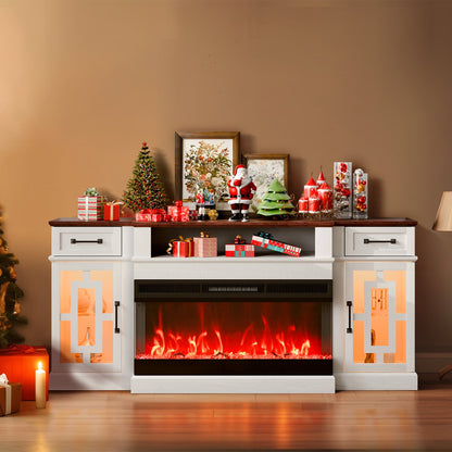VEVOR 80" Fireplace TV Stand, Media Storage Corner with 36" Fireplace, Storage Drawers & Cabinets, Vintage TV Console Table with 20 LED Lights, Remote Control & Timer for Living Room, Brown & White - BLDSJ70CDSJ3CKP4PV1 - view 9