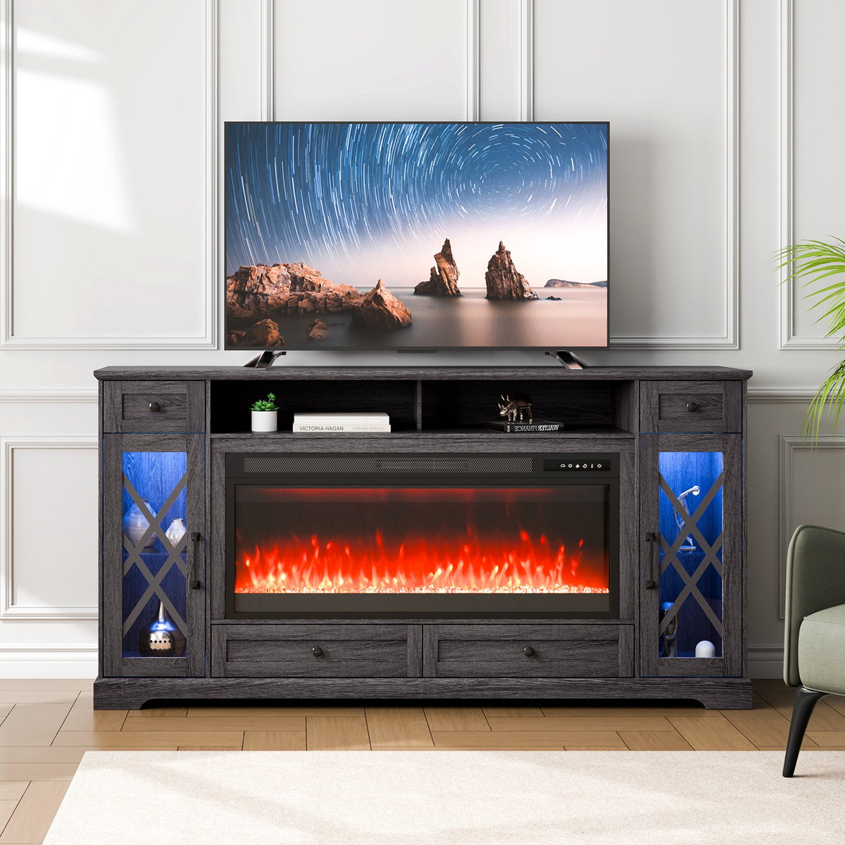 VEVOR 80" Fireplace TV Stand, Media Storage Corner with 42" Fireplace, Storage Drawers & Cabinets, Pastoral TV Console Table with 20 LED Lights, Remote Control and Timer for Living Room, Grey - BLDSJ70CDSJ44IZUIV1 - view 1