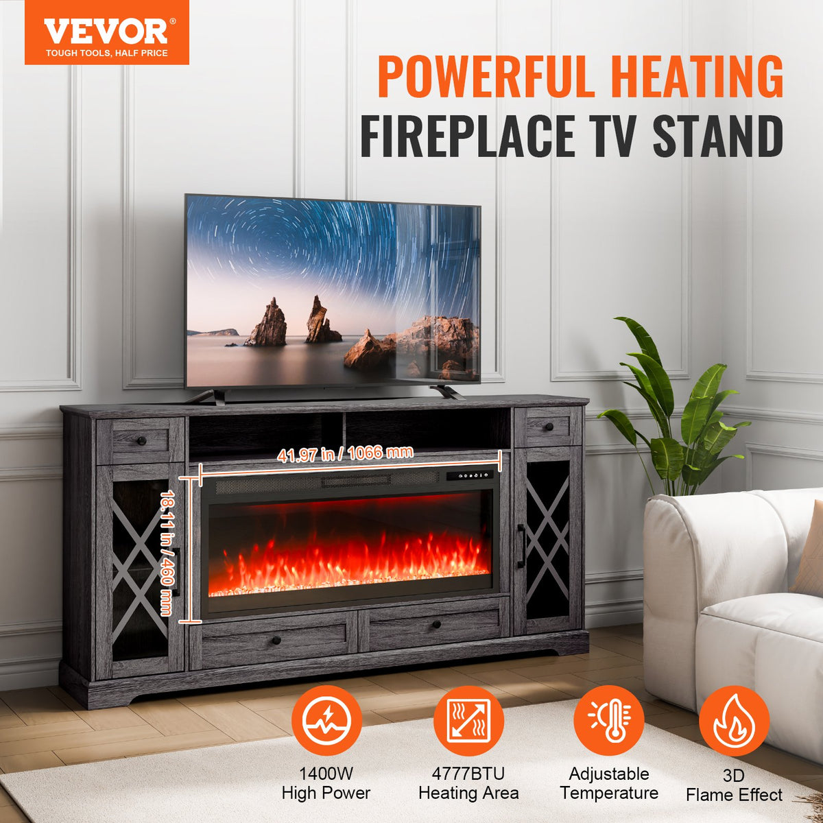 VEVOR 80" Fireplace TV Stand, Media Storage Corner with 42" Fireplace, Storage Drawers & Cabinets, Pastoral TV Console Table with 20 LED Lights, Remote Control and Timer for Living Room, Grey - BLDSJ70CDSJ44IZUIV1 - view 3