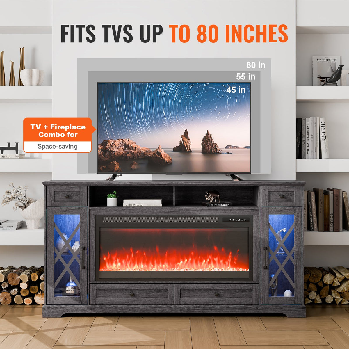 VEVOR 80" Fireplace TV Stand, Media Storage Corner with 42" Fireplace, Storage Drawers & Cabinets, Pastoral TV Console Table with 20 LED Lights, Remote Control and Timer for Living Room, Grey - BLDSJ70CDSJ44IZUIV1 - view 7