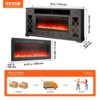 VEVOR 80" Fireplace TV Stand, Media Storage Corner with 42" Fireplace, Storage Drawers & Cabinets, Pastoral TV Console Table with 20 LED Lights, Remote Control and Timer for Living Room, Grey - BLDSJ70CDSJ44IZUIV1 - view 8