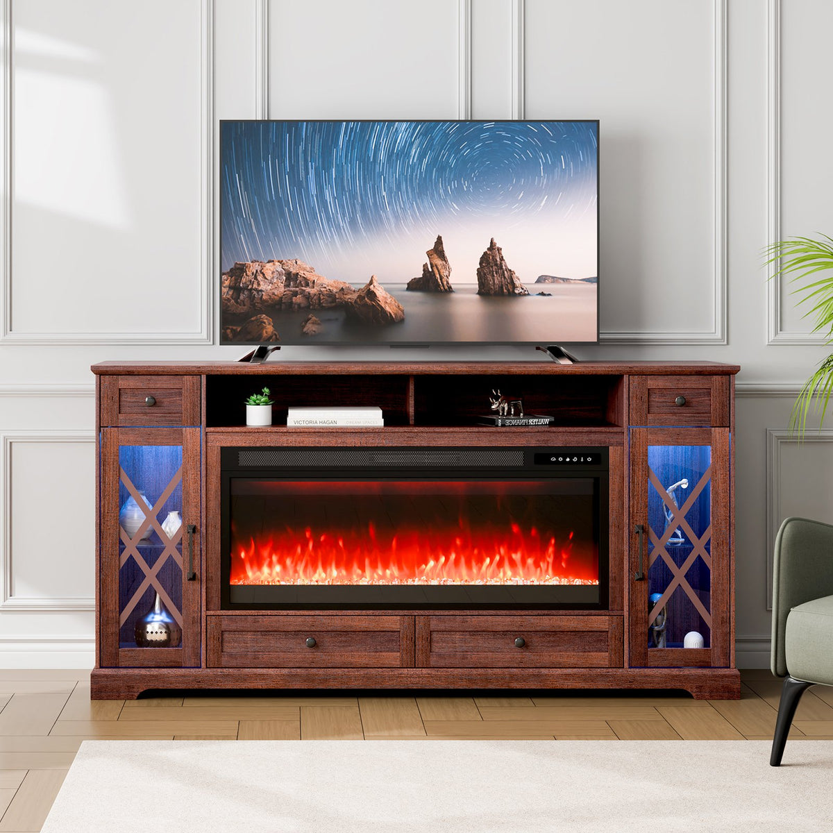 VEVOR 80" Fireplace TV Stand, Media Storage Corner with 42" Fireplace, Storage Drawers & Cabinets, Pastoral TV Console Table with 20 LED Lights, Remote Control and Timer for Living Room, Brown - BLDSJ70CDSJ4D1M3VV1 - view 1