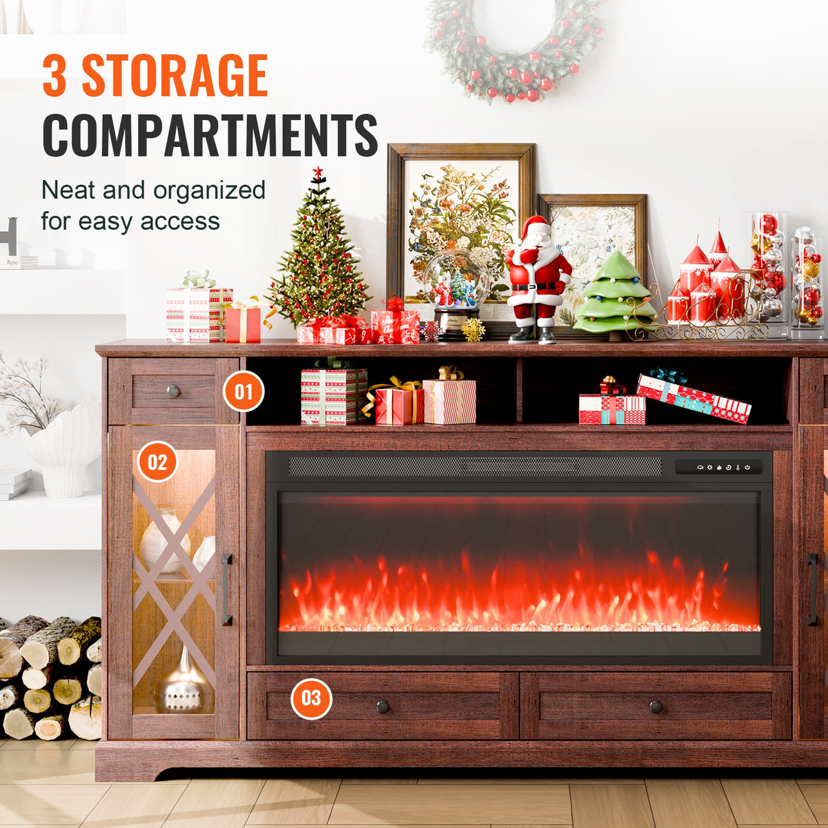 VEVOR 80" Fireplace TV Stand, Media Storage Corner with 42" Fireplace, Storage Drawers & Cabinets, Pastoral TV Console Table with 20 LED Lights, Remote Control and Timer for Living Room, Brown - BLDSJ70CDSJ4D1M3VV1 - view 5