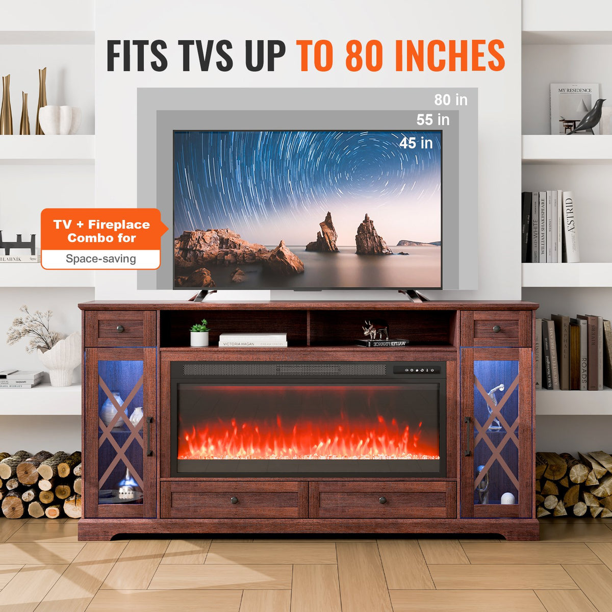 VEVOR 80" Fireplace TV Stand, Media Storage Corner with 42" Fireplace, Storage Drawers & Cabinets, Pastoral TV Console Table with 20 LED Lights, Remote Control and Timer for Living Room, Brown - BLDSJ70CDSJ4D1M3VV1 - view 7