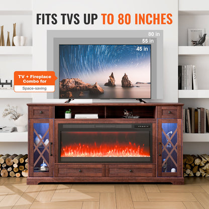 VEVOR 80" Fireplace TV Stand, Media Storage Corner with 42" Fireplace, Storage Drawers & Cabinets, Pastoral TV Console Table with 20 LED Lights, Remote Control and Timer for Living Room, Brown - BLDSJ70CDSJ4D1M3VV1 - view 7