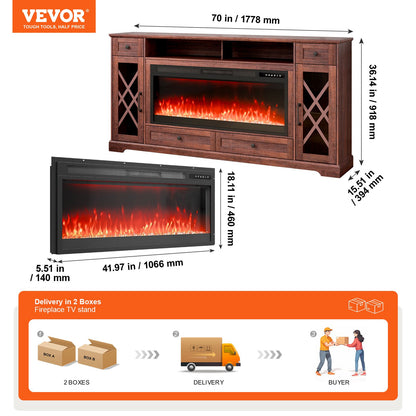 VEVOR 80" Fireplace TV Stand, Media Storage Corner with 42" Fireplace, Storage Drawers & Cabinets, Pastoral TV Console Table with 20 LED Lights, Remote Control and Timer for Living Room, Brown - BLDSJ70CDSJ4D1M3VV1 - view 8