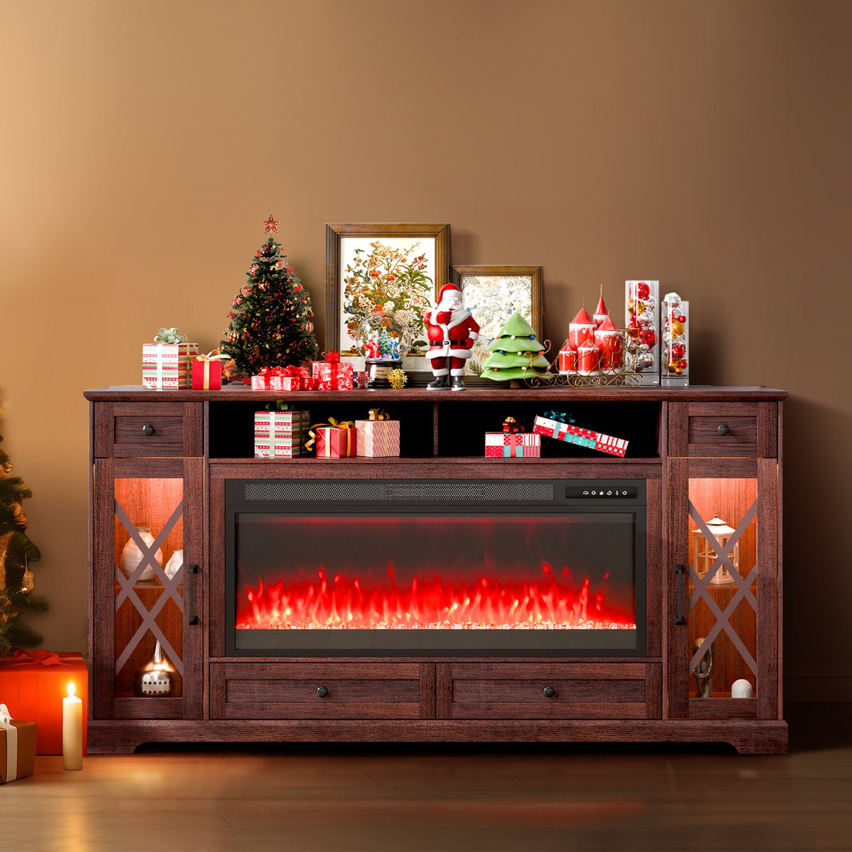 VEVOR 80" Fireplace TV Stand, Media Storage Corner with 42" Fireplace, Storage Drawers & Cabinets, Pastoral TV Console Table with 20 LED Lights, Remote Control and Timer for Living Room, Brown - BLDSJ70CDSJ4D1M3VV1 - view 9