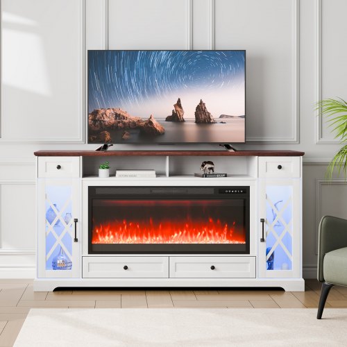 VEVOR 80" Fireplace TV Stand, Media Storage Corner with 42" Fireplace, Storage Drawers & Cabinets, Pastoral TV Console Table with 20 LED Lights, Remote Control & Timer for Living Room, Brown + White - BLDSJ70CDSJ4OVAP3V1 - view 2