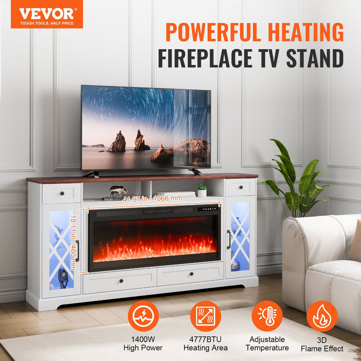 VEVOR 80" Fireplace TV Stand, Media Storage Corner with 42" Fireplace, Storage Drawers & Cabinets, Pastoral TV Console Table with 20 LED Lights, Remote Control & Timer for Living Room, Brown + White - BLDSJ70CDSJ4OVAP3V1 - view 3