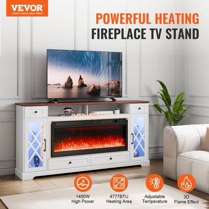 VEVOR 80" Fireplace TV Stand, Media Storage Corner with 42" Fireplace, Storage Drawers & Cabinets, Pastoral TV Console Table with 20 LED Lights, Remote Control & Timer for Living Room, Brown + White - BLDSJ70CDSJ4OVAP3V1 - view 3