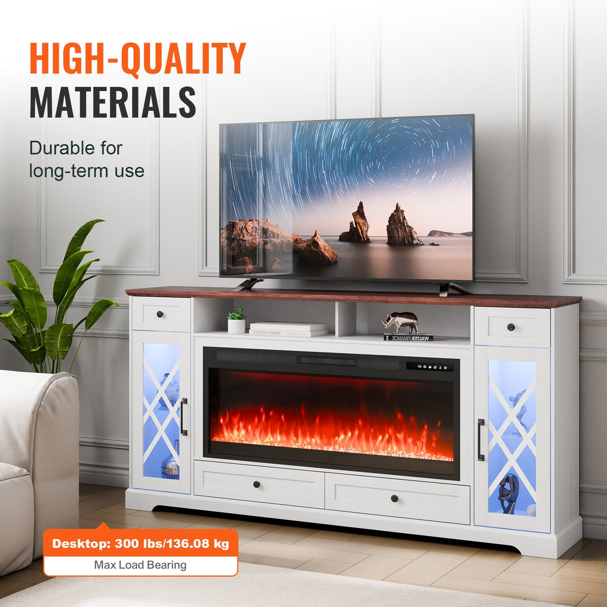 VEVOR 80" Fireplace TV Stand, Media Storage Corner with 42" Fireplace, Storage Drawers & Cabinets, Pastoral TV Console Table with 20 LED Lights, Remote Control & Timer for Living Room, Brown + White - BLDSJ70CDSJ4OVAP3V1 - view 4