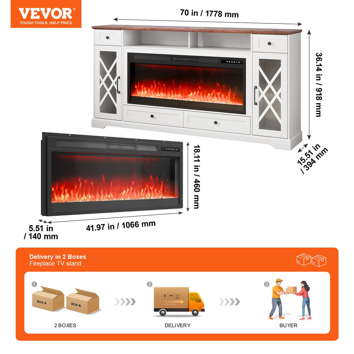 VEVOR 80" Fireplace TV Stand, Media Storage Corner with 42" Fireplace, Storage Drawers & Cabinets, Pastoral TV Console Table with 20 LED Lights, Remote Control & Timer for Living Room, Brown + White - BLDSJ70CDSJ4OVAP3V1 - view 8