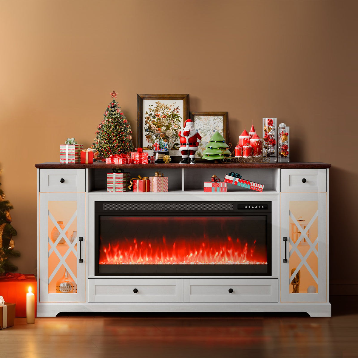 VEVOR 80" Fireplace TV Stand, Media Storage Corner with 42" Fireplace, Storage Drawers & Cabinets, Pastoral TV Console Table with 20 LED Lights, Remote Control & Timer for Living Room, Brown + White - BLDSJ70CDSJ4OVAP3V1 - view 9