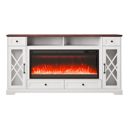 VEVOR 80" Fireplace TV Stand, Media Storage Corner with 42" Fireplace, Storage Drawers & Cabinets, Pastoral TV Console Table with 20 LED Lights, Remote Control & Timer for Living Room, Brown + White - BLDSJ70CDSJ4OVAP3V1 - view 10