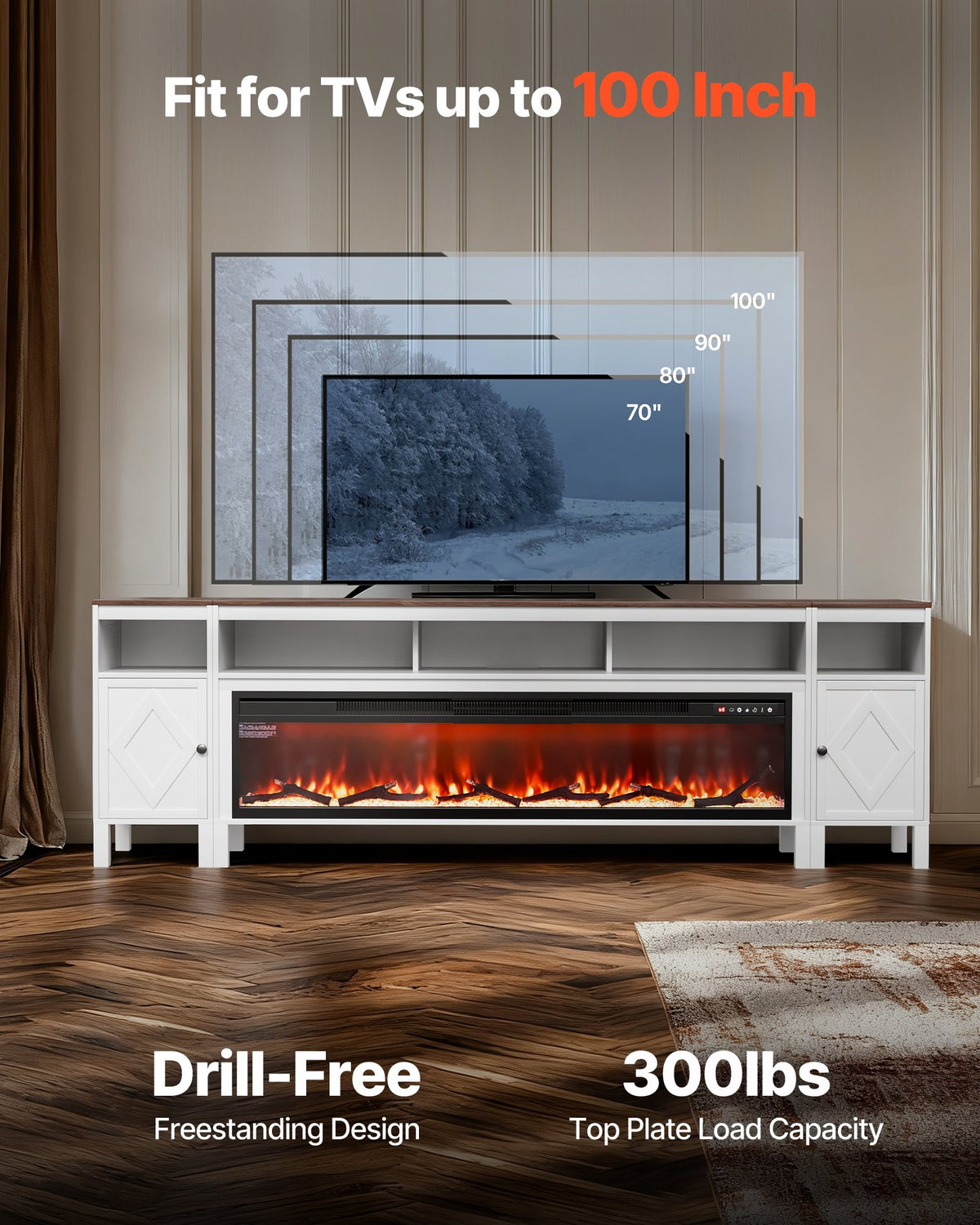 VEVOR Fireplace TV Stand, Farmhouse Fireplace TV Stand for TVs up to 100 inch, Farmhouse Entertainment Center with 60 inch Fireplace & Storage Drawers for Living Room Bedroom, Remote Control, White - BLDSJ90CDSJ60NJE2001V1 - view 3