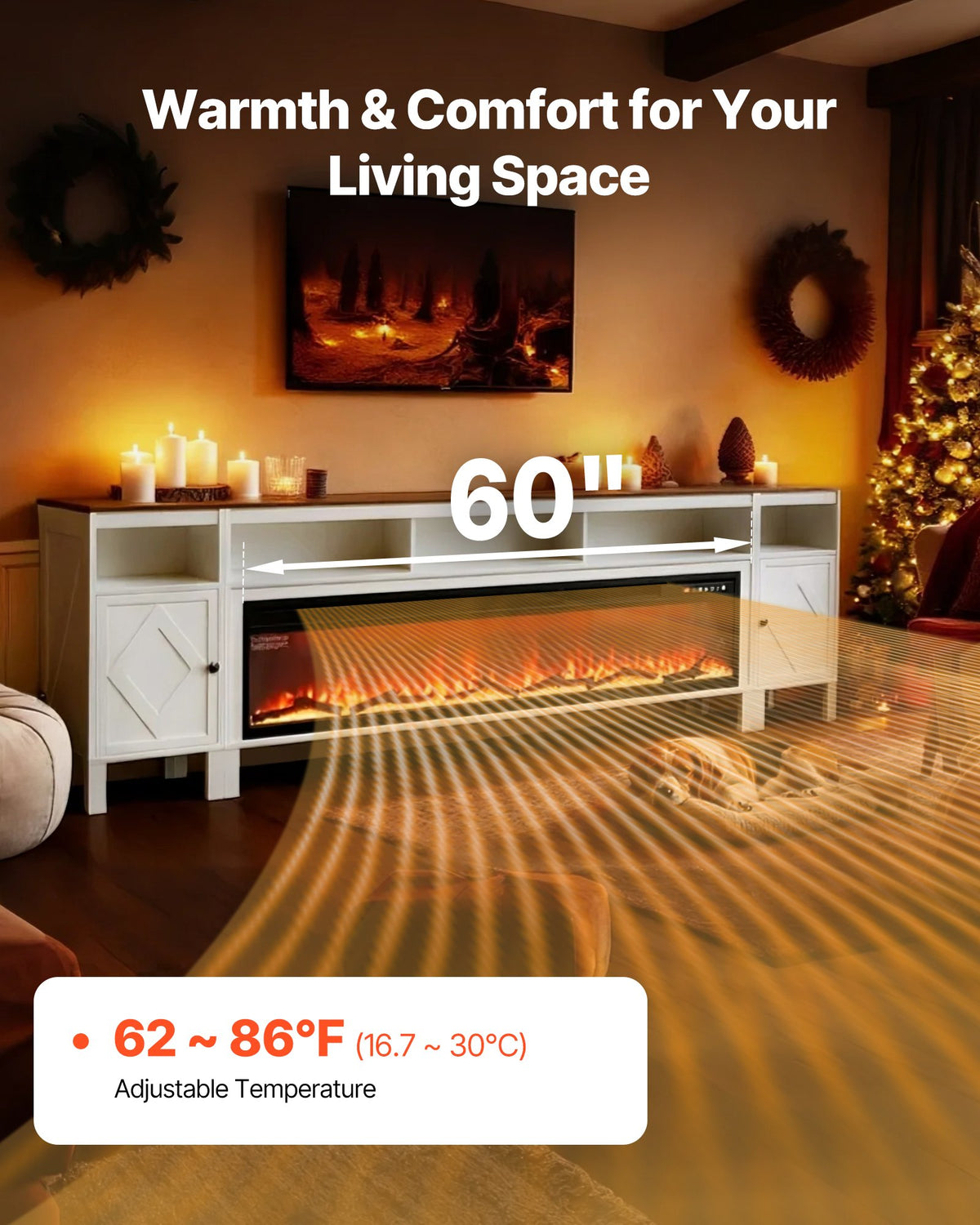 VEVOR Fireplace TV Stand, Farmhouse Fireplace TV Stand for TVs up to 100 inch, Farmhouse Entertainment Center with 60 inch Fireplace & Storage Drawers for Living Room Bedroom, Remote Control, White - BLDSJ90CDSJ60NJE2001V1 - view 4