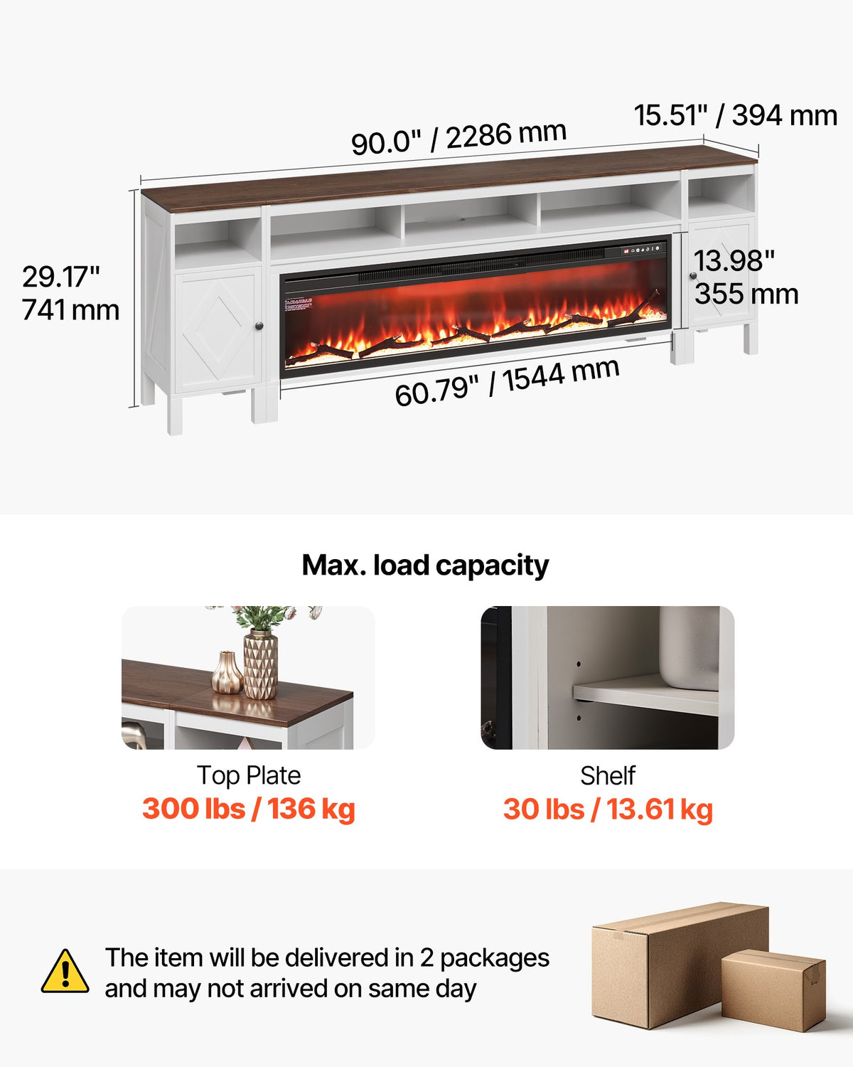 VEVOR Fireplace TV Stand, Farmhouse Fireplace TV Stand for TVs up to 100 inch, Farmhouse Entertainment Center with 60 inch Fireplace & Storage Drawers for Living Room Bedroom, Remote Control, White - BLDSJ90CDSJ60NJE2001V1 - view 8
