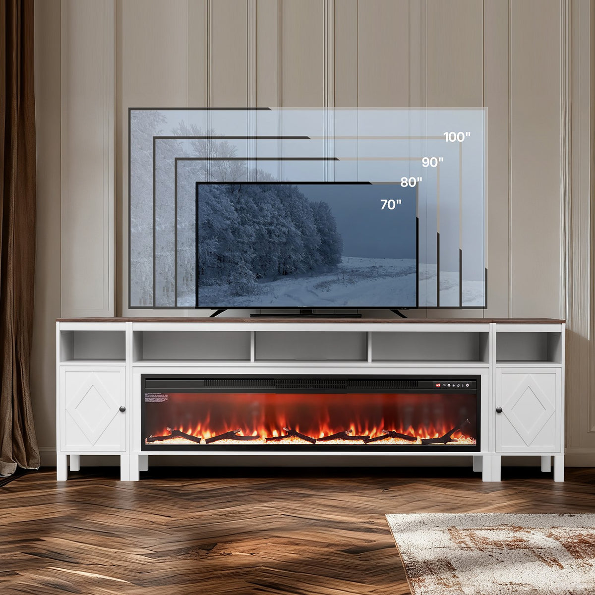 VEVOR Fireplace TV Stand, Farmhouse Fireplace TV Stand for TVs up to 100 inch, Farmhouse Entertainment Center with 60 inch Fireplace & Storage Drawers for Living Room Bedroom, Remote Control, White - BLDSJ90CDSJ60NJE2001V1 - view 9