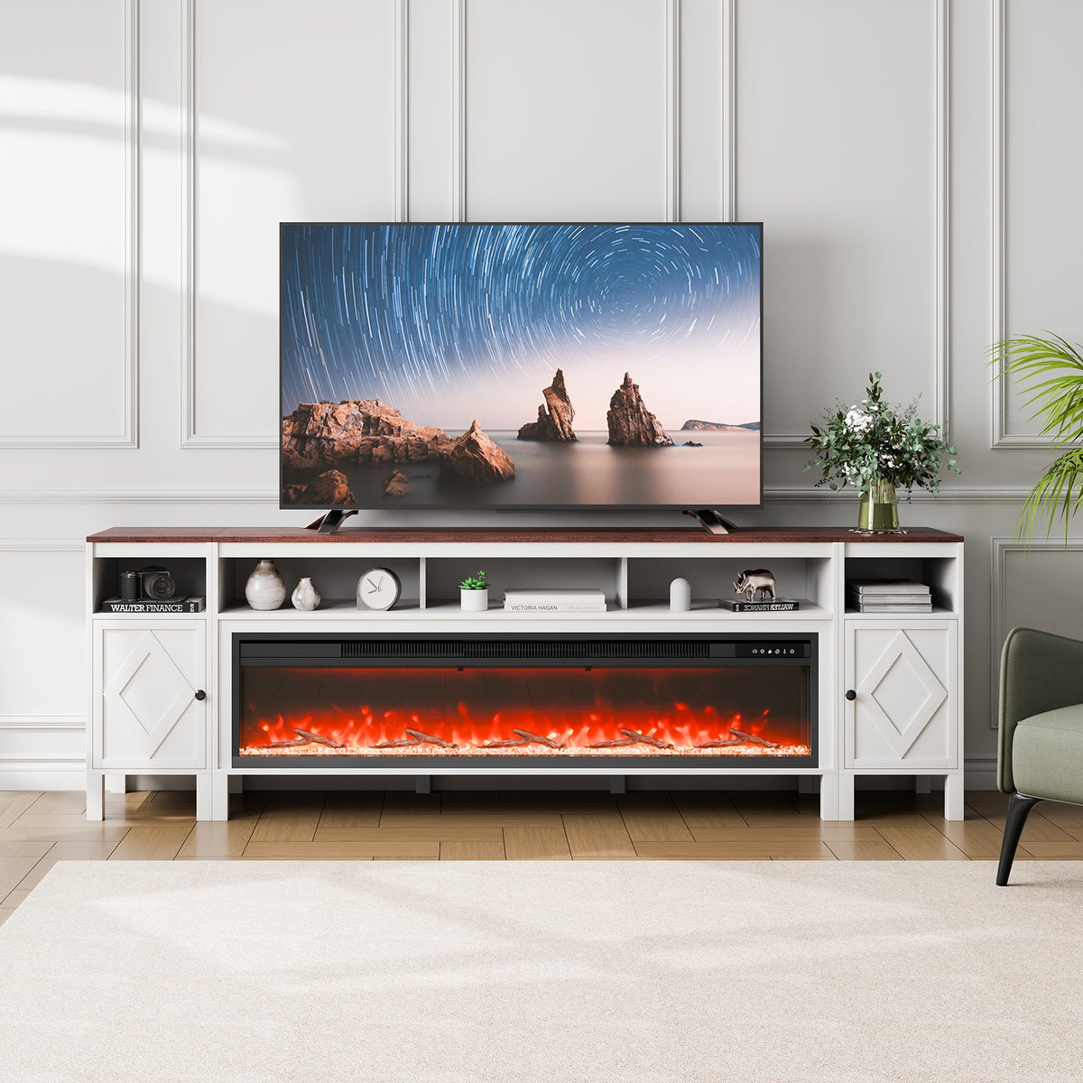 VEVOR 100" Fireplace TV Stand, Media Storage Corner with 60" Fireplace, Storage Drawers & Cabinets, Pastoral TV Console Table with 20 LED Lights, Remote Control and Timer for Living Room, White - BLDSJ90CDSJ65LLYOV1 - view 1