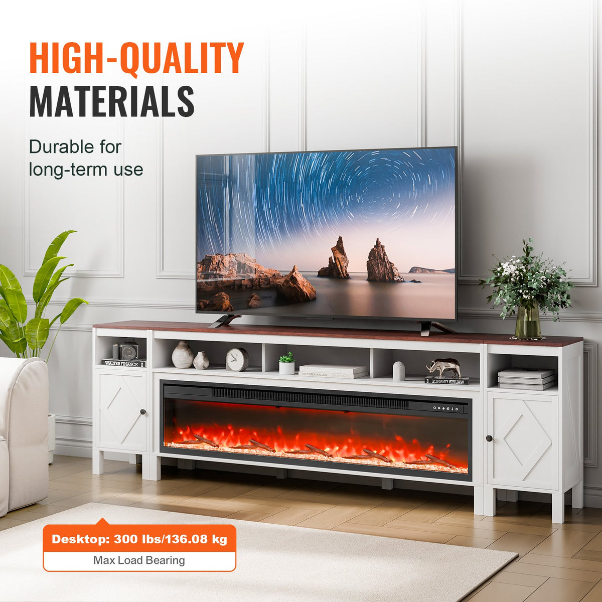 VEVOR 100" Fireplace TV Stand, Media Storage Corner with 60" Fireplace, Storage Drawers & Cabinets, Pastoral TV Console Table with 20 LED Lights, Remote Control and Timer for Living Room, White - BLDSJ90CDSJ65LLYOV1 - view 4