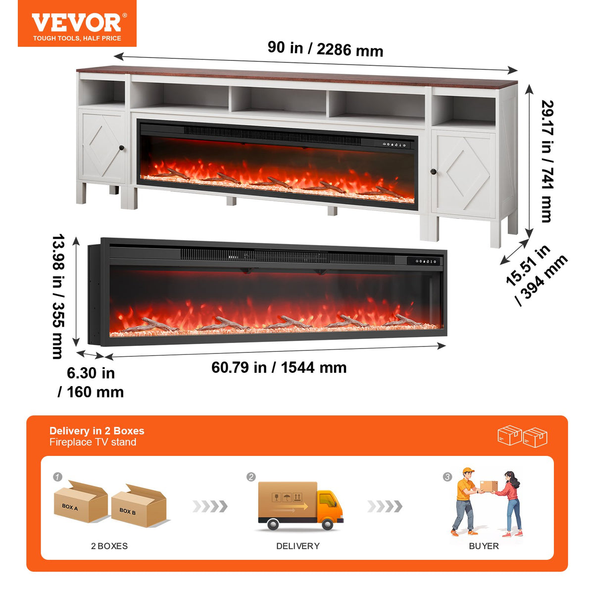 VEVOR 100" Fireplace TV Stand, Media Storage Corner with 60" Fireplace, Storage Drawers & Cabinets, Pastoral TV Console Table with 20 LED Lights, Remote Control and Timer for Living Room, White - BLDSJ90CDSJ65LLYOV1 - view 8