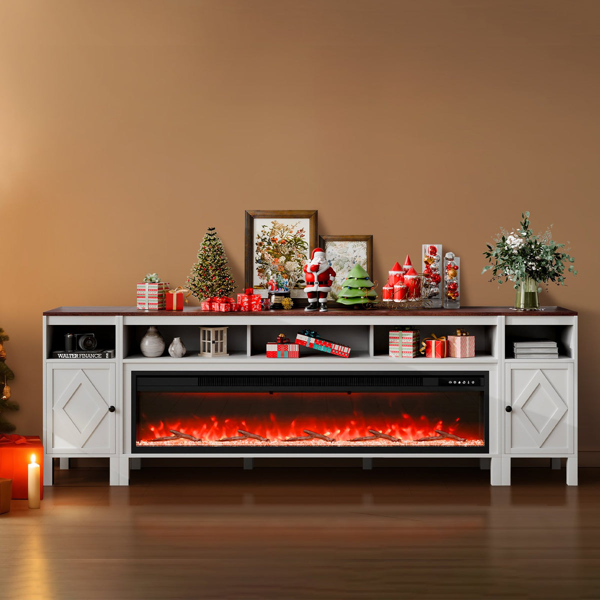 VEVOR 100" Fireplace TV Stand, Media Storage Corner with 60" Fireplace, Storage Drawers & Cabinets, Pastoral TV Console Table with 20 LED Lights, Remote Control and Timer for Living Room, White - BLDSJ90CDSJ65LLYOV1 - view 9