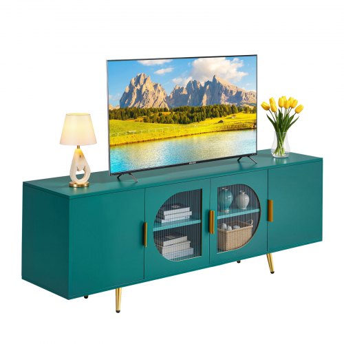 VEVOR TV Stand for TVs up to 75 inch, Modern Entertainment Center with Glass Doors and Gold Legs, TV Cabinet Storage with Adjustable Shelves, Media Console Table for Living Room and Bedroom, Green - BLDSJBLMDSJ6YOSLF001V0 - view 2