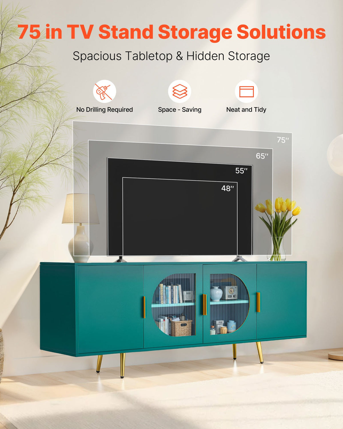 VEVOR TV Stand for TVs up to 75 inch, Modern Entertainment Center with Glass Doors and Gold Legs, TV Cabinet Storage with Adjustable Shelves, Media Console Table for Living Room and Bedroom, Green - BLDSJBLMDSJ6YOSLF001V0 - view 3