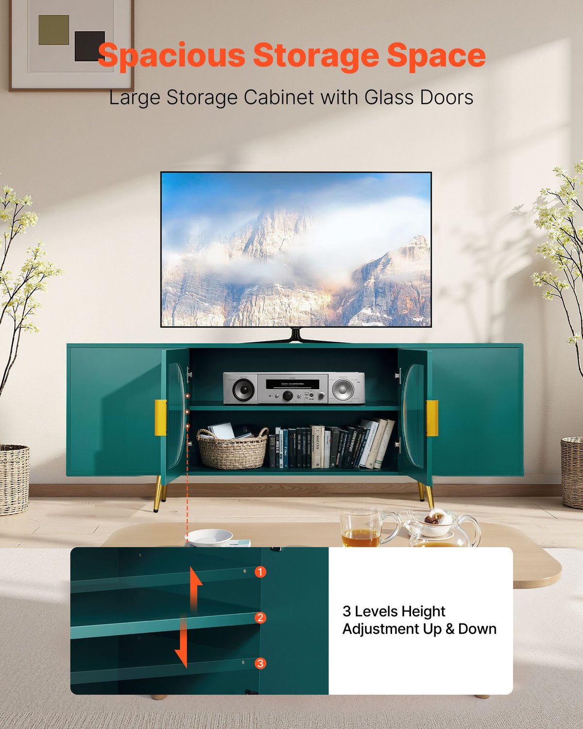 VEVOR TV Stand for TVs up to 75 inch, Modern Entertainment Center with Glass Doors and Gold Legs, TV Cabinet Storage with Adjustable Shelves, Media Console Table for Living Room and Bedroom, Green - BLDSJBLMDSJ6YOSLF001V0 - view 4