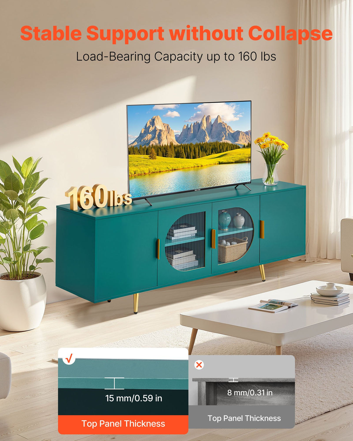VEVOR TV Stand for TVs up to 75 inch, Modern Entertainment Center with Glass Doors and Gold Legs, TV Cabinet Storage with Adjustable Shelves, Media Console Table for Living Room and Bedroom, Green - BLDSJBLMDSJ6YOSLF001V0 - view 5