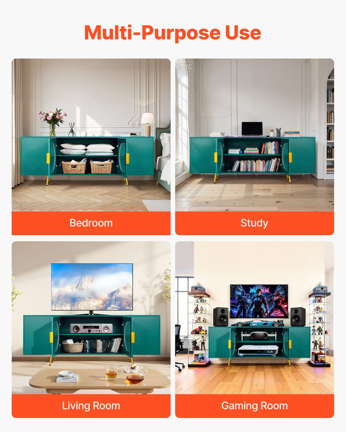 VEVOR TV Stand for TVs up to 75 inch, Modern Entertainment Center with Glass Doors and Gold Legs, TV Cabinet Storage with Adjustable Shelves, Media Console Table for Living Room and Bedroom, Green - BLDSJBLMDSJ6YOSLF001V0 - view 6
