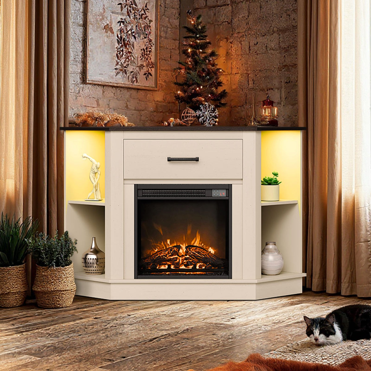 VEVOR Fireplace TV Stand, Farmhouse Fireplace TV Stand for TVs up to 50 inch, Farmhouse Entertainment Center with 18 inch Fireplace & LED Lights, Electric Fireplaces with Storage Drawers & Cabinets - BLDSJJJ48CDSEISBX001V1 - view 9