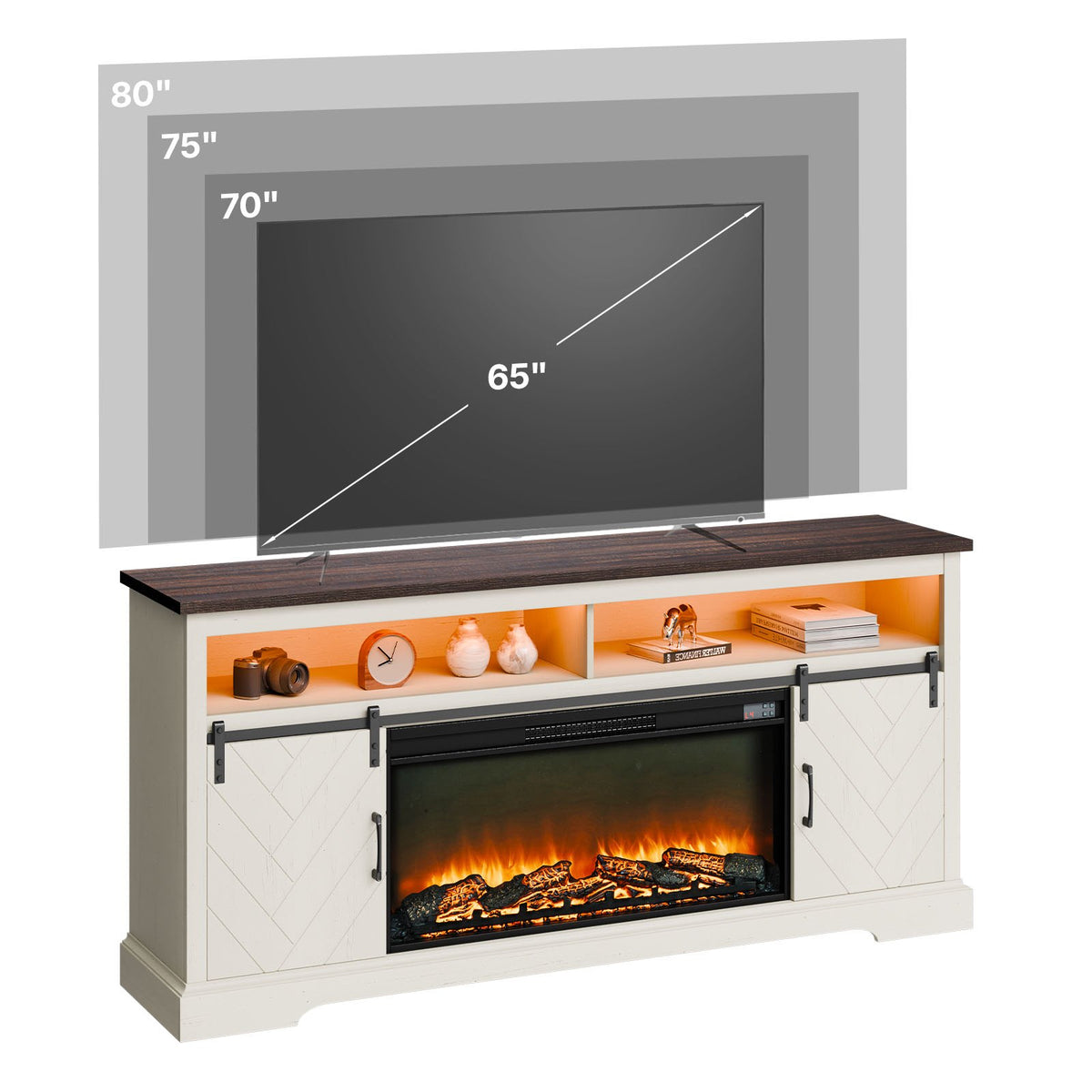 VEVOR Fireplace TV Stand, Farmhouse Fireplace TV Stand for TVs up to 80 inch, Farmhouse Entertainment Center with 36 inch Fireplace & LED Lights, Electric Fireplaces for Living Room Bedroom, White - BLDSJNSF70CDYQZB3001V1 - view 1